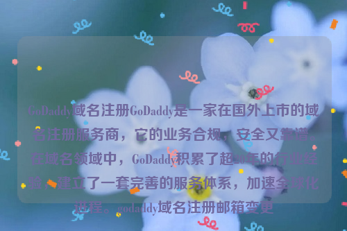 GoDaddy域名注册GoDaddy是一家在国外上市的域名注册服务商，它的业务合规，安全又靠谱。在域名领域中，GoDaddy积累了超20年的行业经验，建立了一套完善的服务体系，加速全球化进程。godaddy域名注册邮箱变更