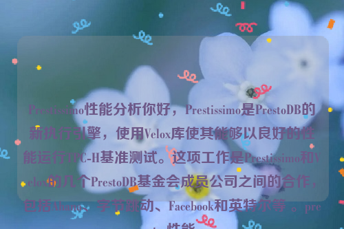 Prestissimo性能分析你好，Prestissimo是PrestoDB的新执行引擎，使用Velox库使其能够以良好的性能运行TPC-H基准测试。这项工作是Prestissimo和Velox的几个PrestoDB基金会成员公司之间的合作，包括Ahana、字节跳动、Facebook和英特尔等 。presto 性能