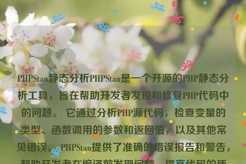 PHPStan静态分析PHPStan是一个开源的PHP静态分析工具，旨在帮助开发者发现和修复PHP代码中的问题。 它通过分析PHP源代码，检查变量的类型、函数调用的参数和返回值，以及其他常见错误。 PHPStan提供了准确的错误报告和警告，帮助开发者在编译前发现问题，提高代码的质量和可靠性。php静态化如何实现